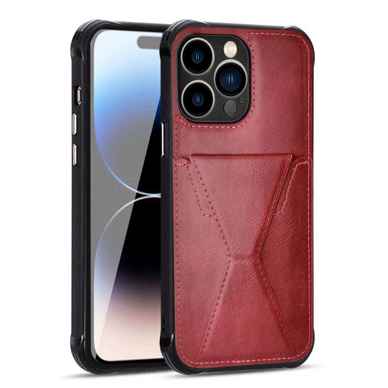 iPhone 14 PRO Compatible TPU Leather Phone Case for Apple iPhone 14 PRO with Card Holder Strap In Red - Heavy Duty Protection by CELL DEMAND