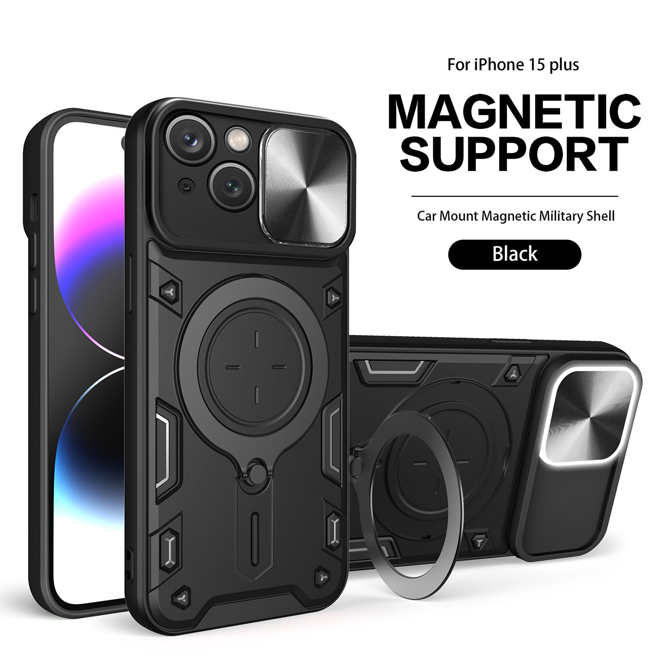 IPHONE 15 Plus Compatible TPU PC Shockproof Magnetic Phone Case with Free Adjustment Ring Holder for IPHONE 15 Plus in Black - Durable Protection by CELL DEMAND