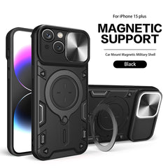 IPHONE 15 Plus Compatible TPU PC Shockproof Magnetic Phone Case with Free Adjustment Ring Holder for IPHONE 15 Plus in Black - Durable Protection by CELL DEMAND