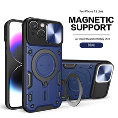 IPHONE 15 Plus Compatible TPU PC Shockproof Magnetic Phone Case with Free Adjustment Ring Holder for IPHONE 15 Plus in Blue - Heavy Duty Protection by CELL DEMAND