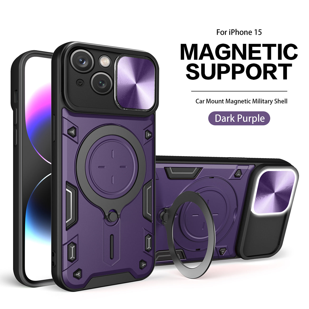 IPHONE 15 Compatible TPU PC Shockproof Magnetic Phone Case with Free Adjustment Ring Holder for IPHONE 15 in Purple - Durable Protection by CELL DEMAND