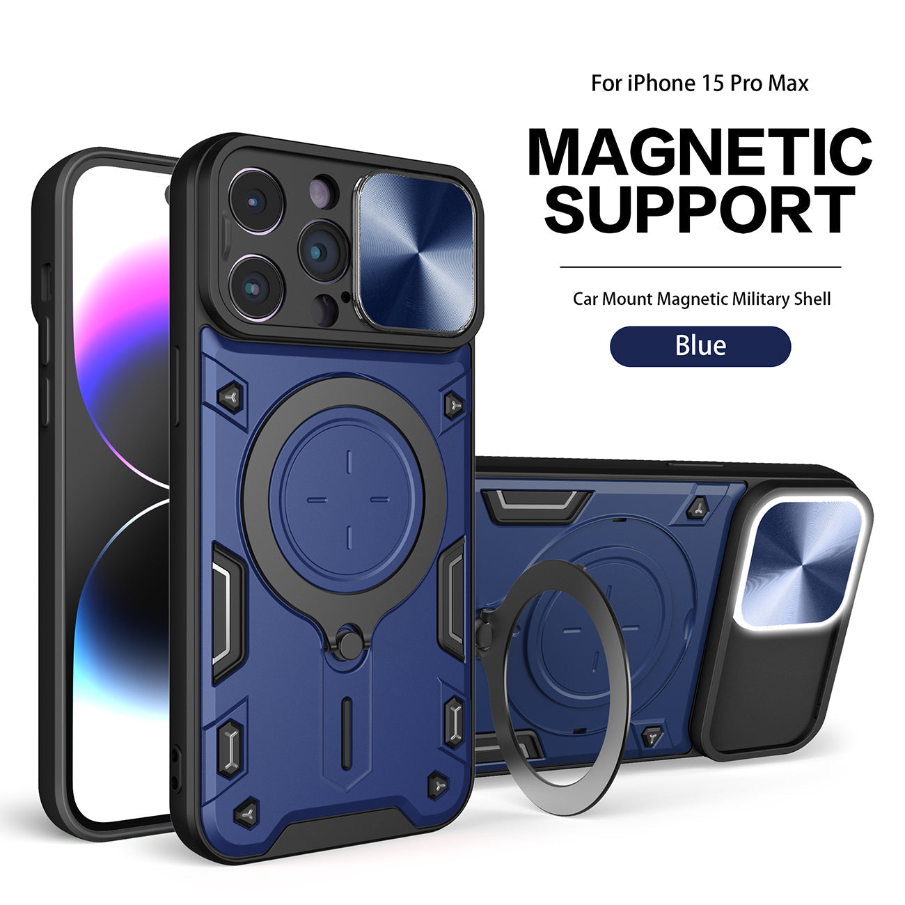 IPHONE 15 PRO Compatible TPU PC Shockproof Magnetic Phone Case with Free Adjustment Ring Holder for IPHONE 15 PRO MAX in Blue - Crystal Clear Protection by CELL DEMAND