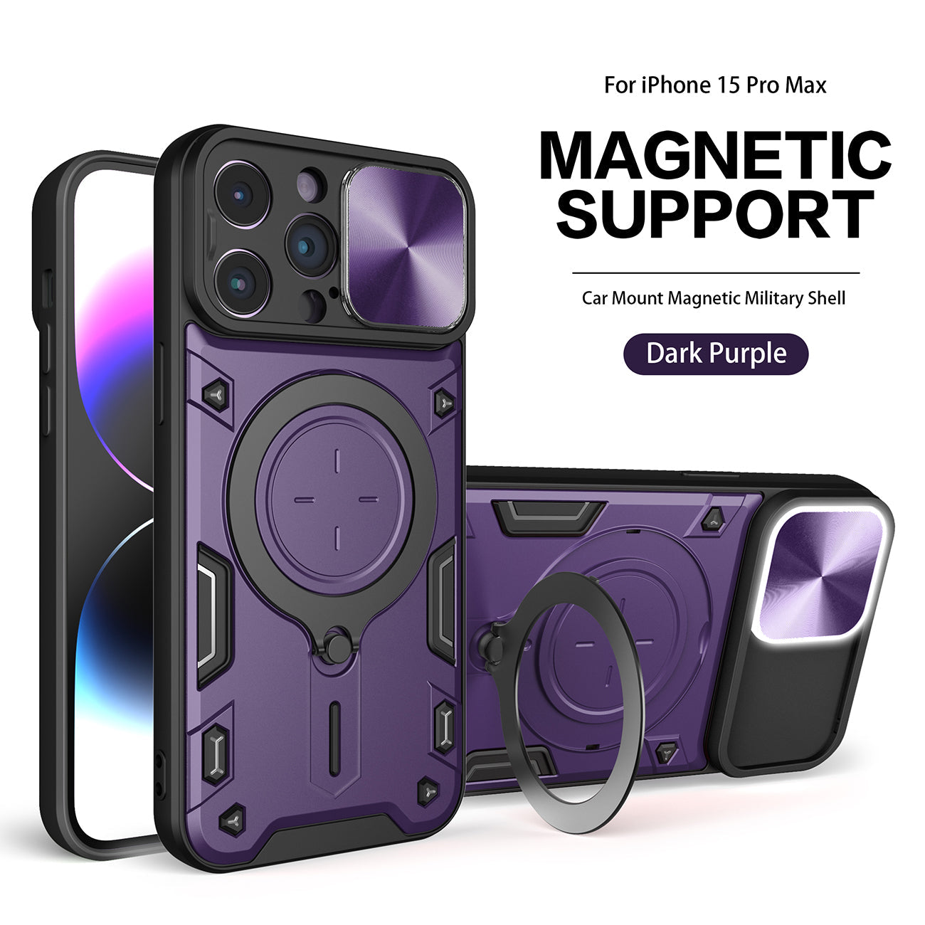 IPHONE 15 PRO Compatible TPU PC Shockproof Magnetic Phone Case with Ring Holder for IPHONE 15 PRO MAX in Purple - Premium Protection by CELL DEMAND