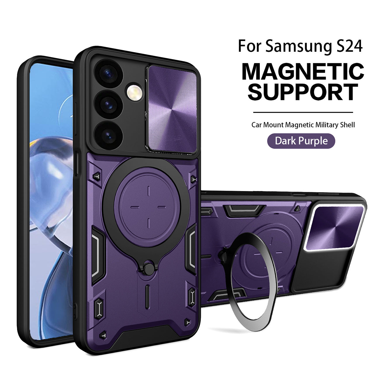 TPU PC Shockproof Magnetic Phone Case with Free Adjustment Ring Holder For Samsung Galaxy S24 in Purple - Premium & Reliable | CELL DEMAND Official