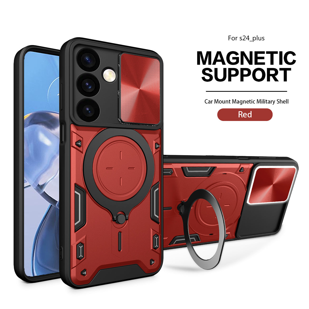 TPU PC Shockproof Magnetic Phone Case with Free Adjustment Ring Holder For Samsung Galaxy S24 Plus in Red - Premium & Reliable | CELL DEMAND Official