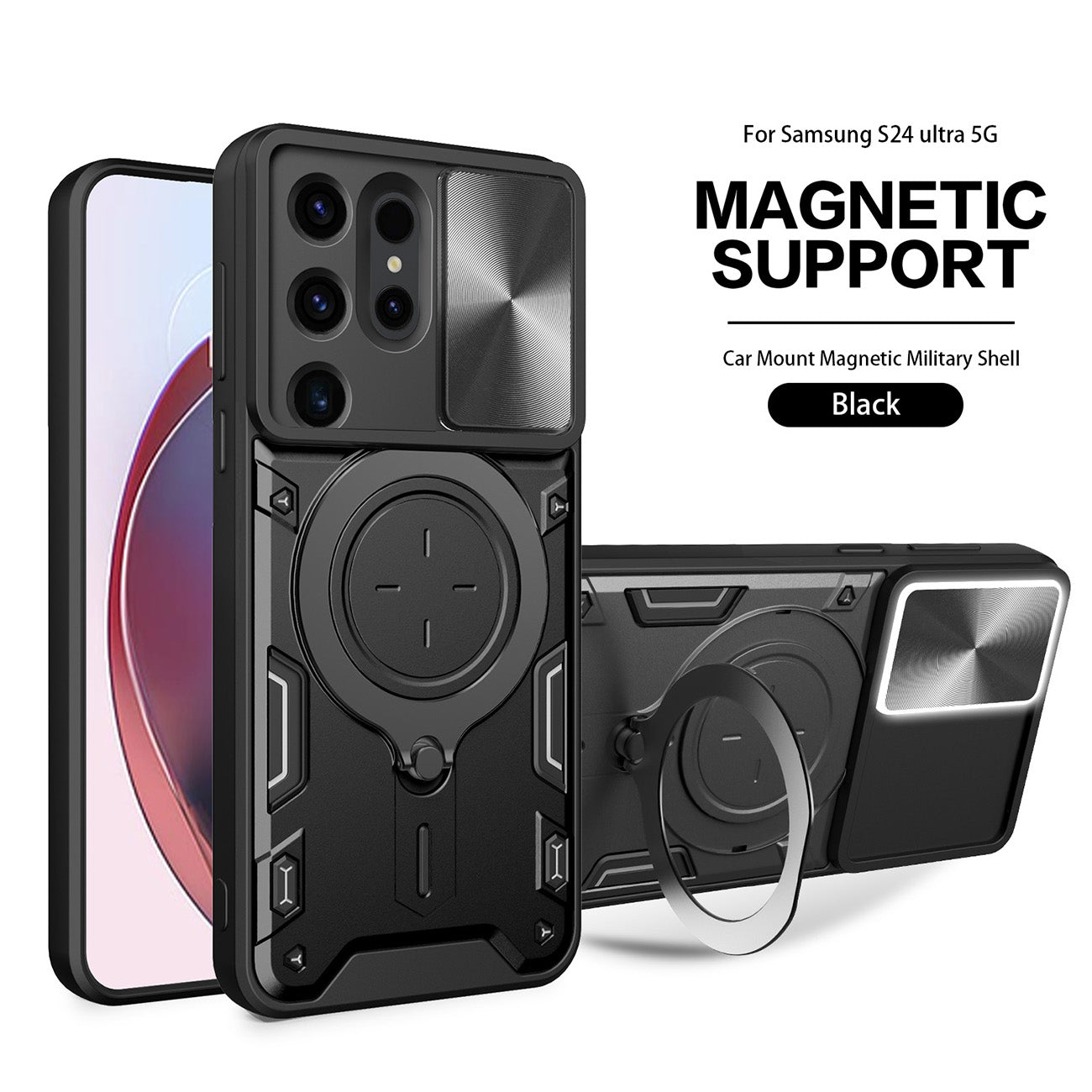 TPU PC Shockproof Magnetic Phone Case with Free Adjustment Ring Holder For Samsung Galaxy S24 Ultra in Black - Heavy Duty & Reliable | CELL DEMAND Official