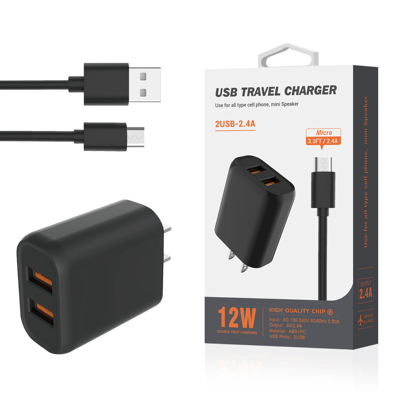 Micro Portable Travel Home Charger With Built In 5 Ft Cable In Black - Heavy Duty & Reliable | CELL DEMAND Official