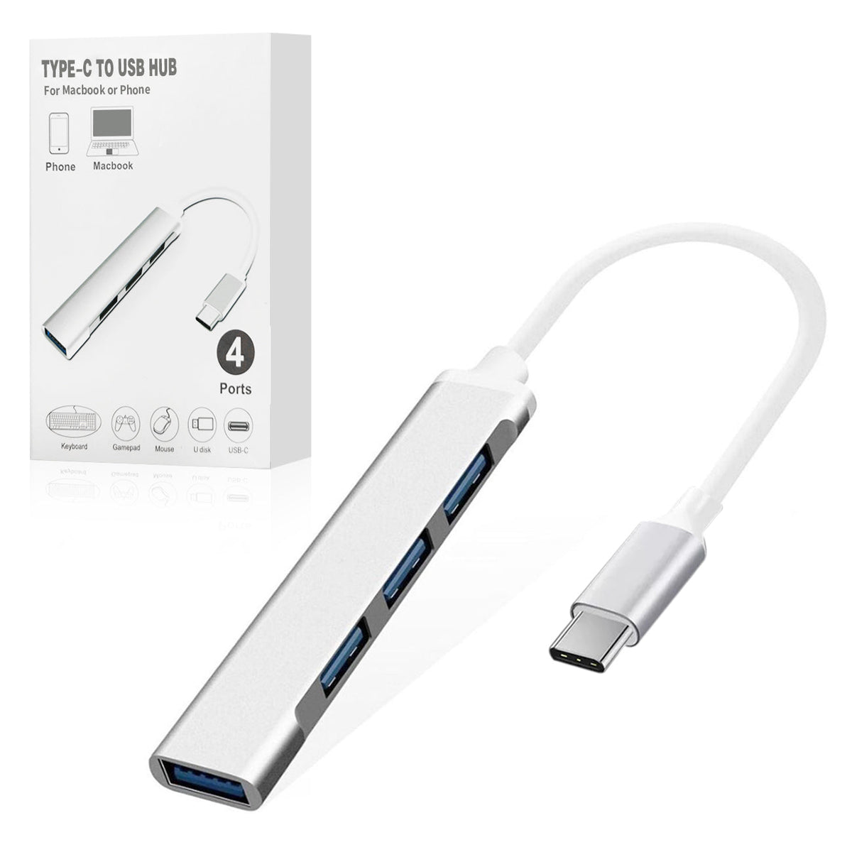 4-Port Type-C to USB Hub in Silver - Ultra-Slim & Reliable | CELL DEMAND Official
