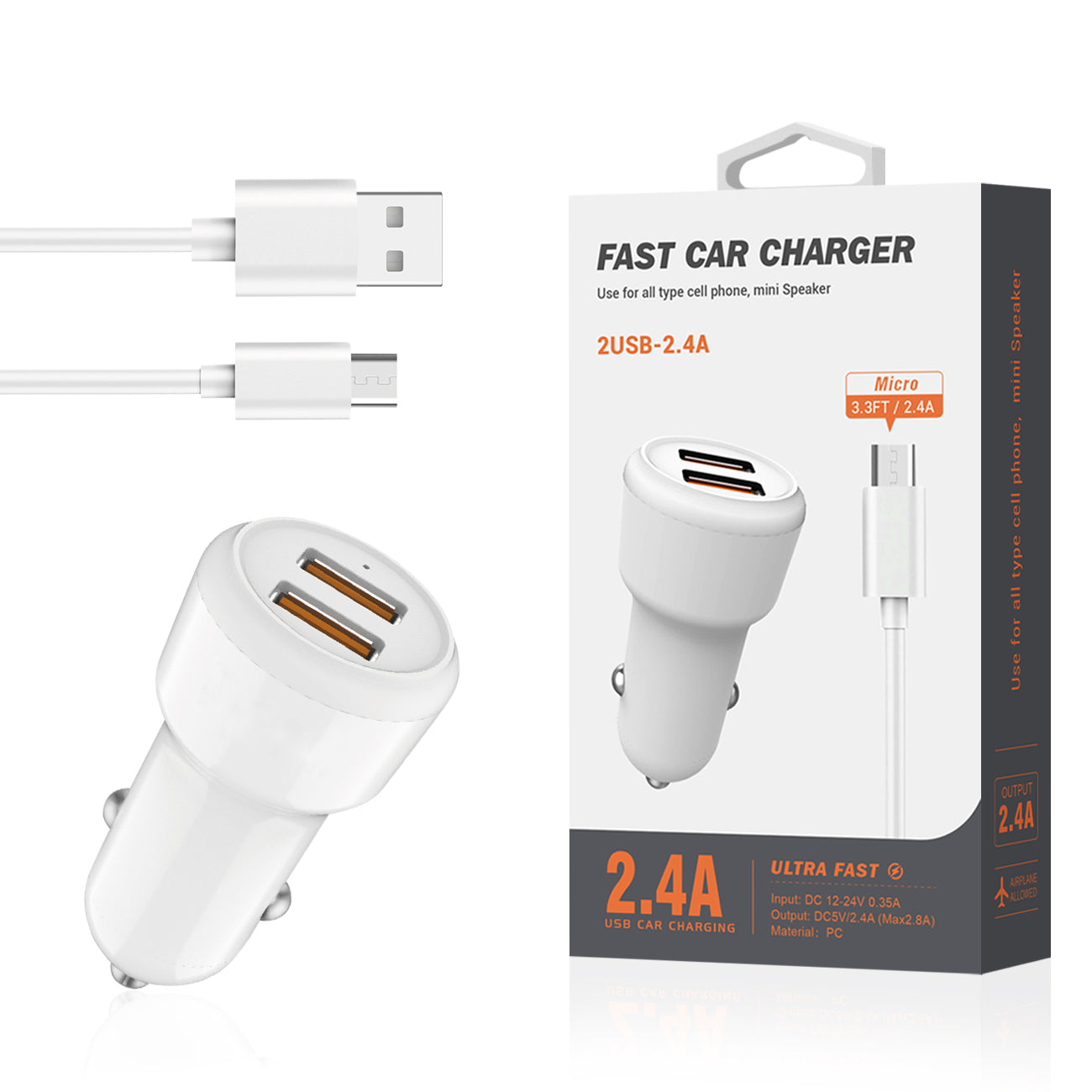 Micro Portable Car Charger With Built In 3 Ft Cable In White - Premium & Reliable | CELL DEMAND Official