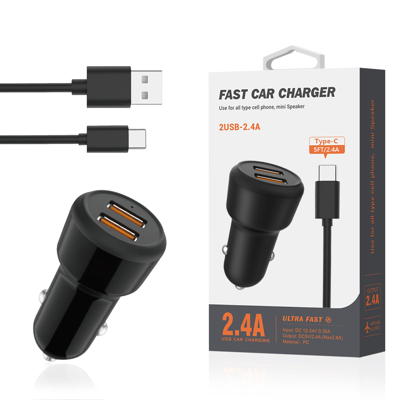 Typec Portable Car Charger With Built In 3 Ft Cable In Black - Crystal Clear & Reliable | CELL DEMAND Official