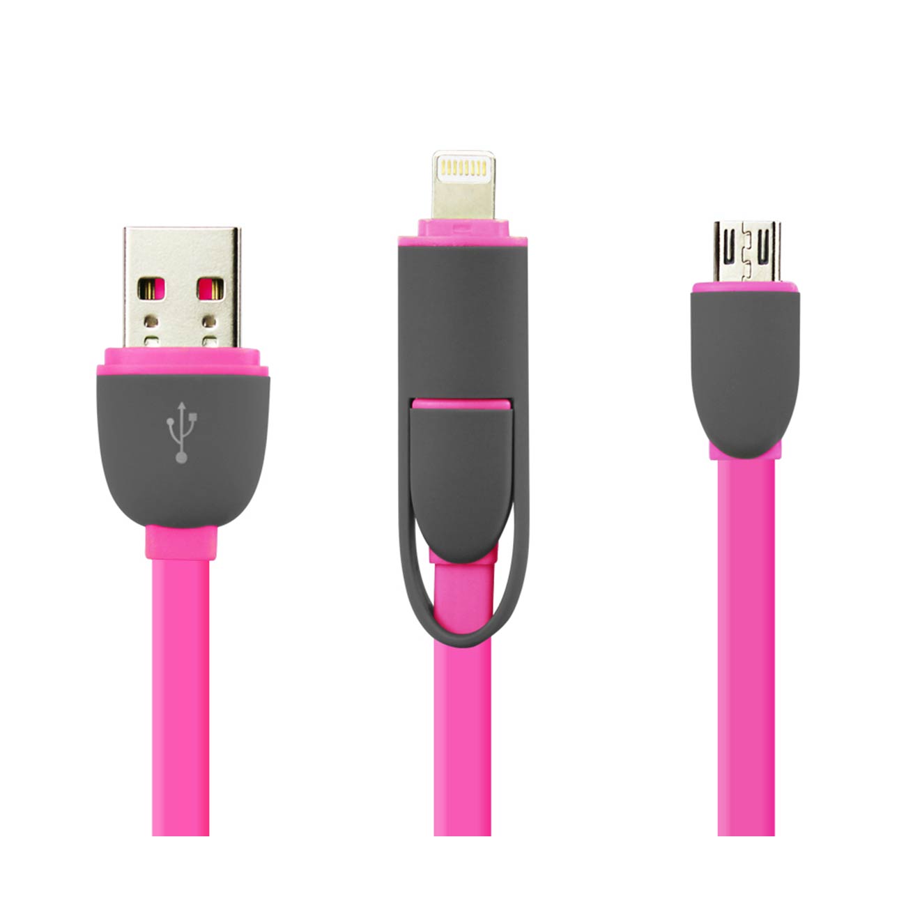 8PIN AND MICRO USB FLAT CABLE 3.2FT 2-IN-1 USB DATA IN HOT PINK - Durable & Reliable | CELL DEMAND Official