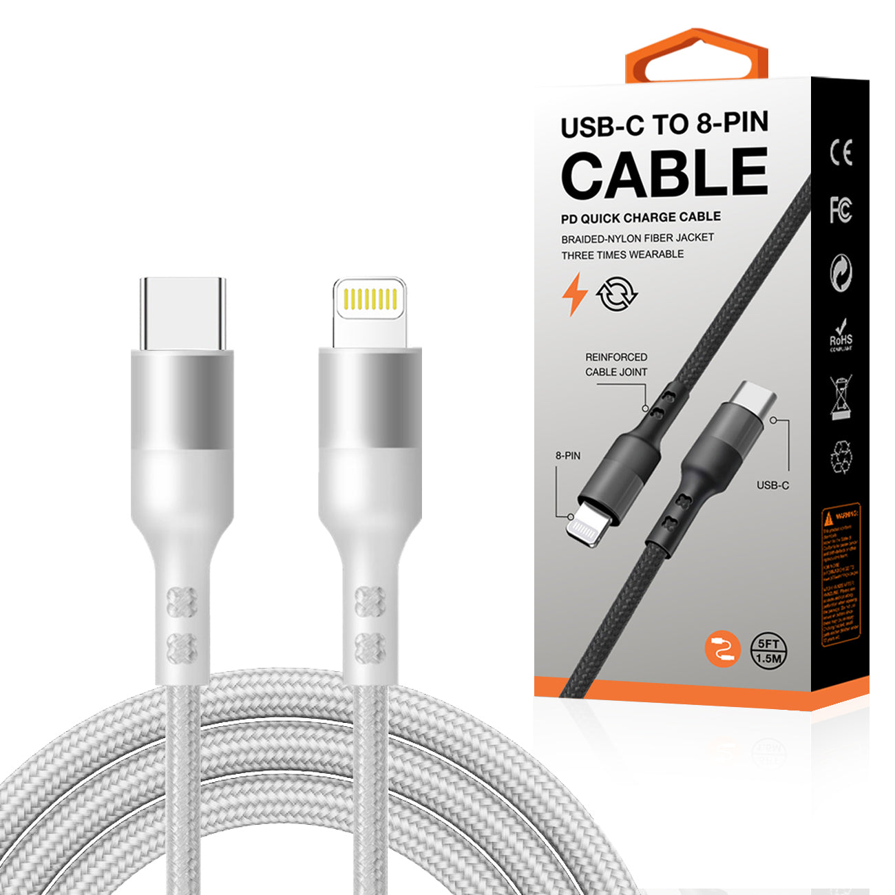 Power Delivery USB-C to 8-PIN Fast Charging & Sync Nylon-Braided 5FT Cable In Silver - Crystal Clear & Reliable | CELL DEMAND Official