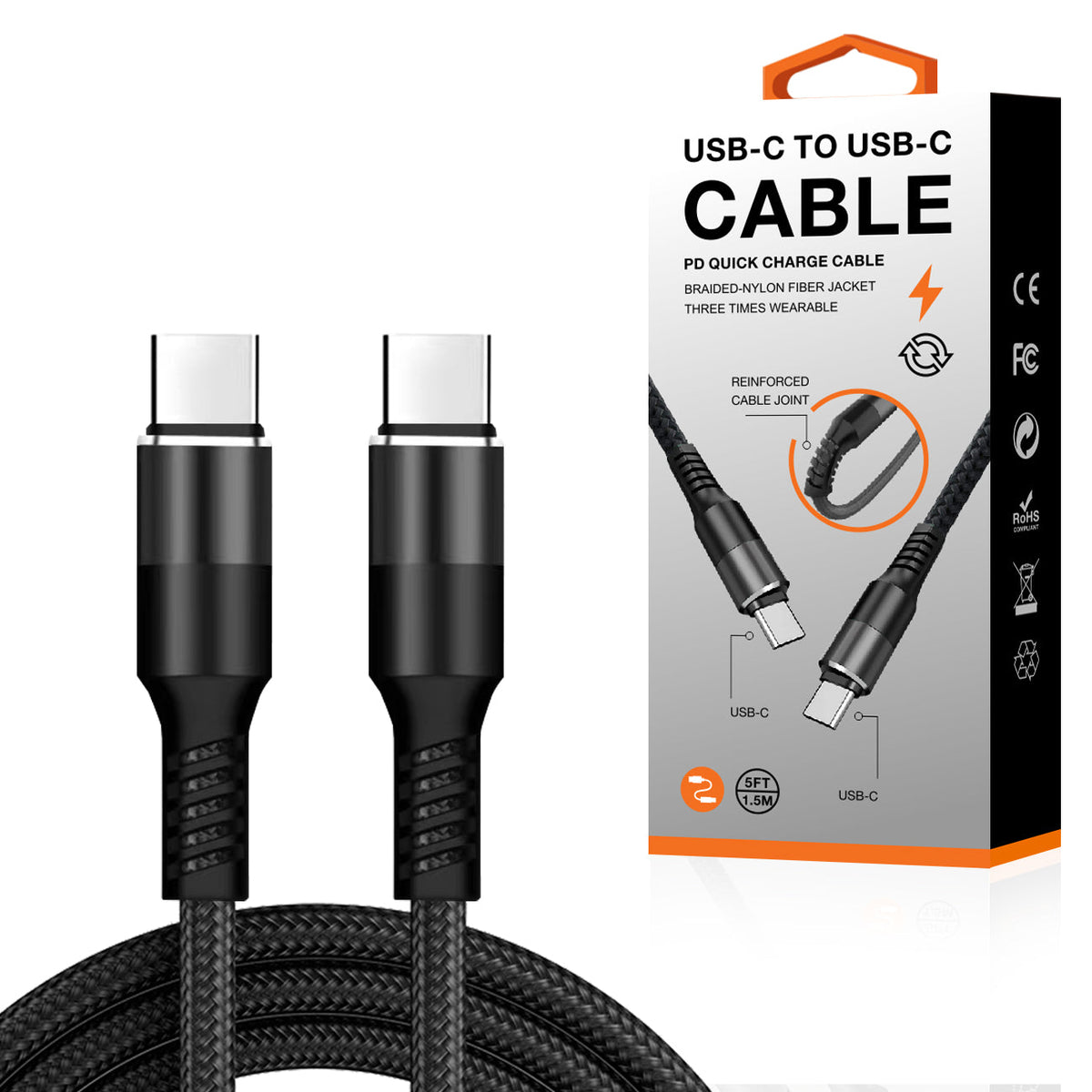Power Delivery USB-C to C Fast Charging & Sync Nylon- Braided 5FT Cable in Black - Premium & Reliable | CELL DEMAND Official