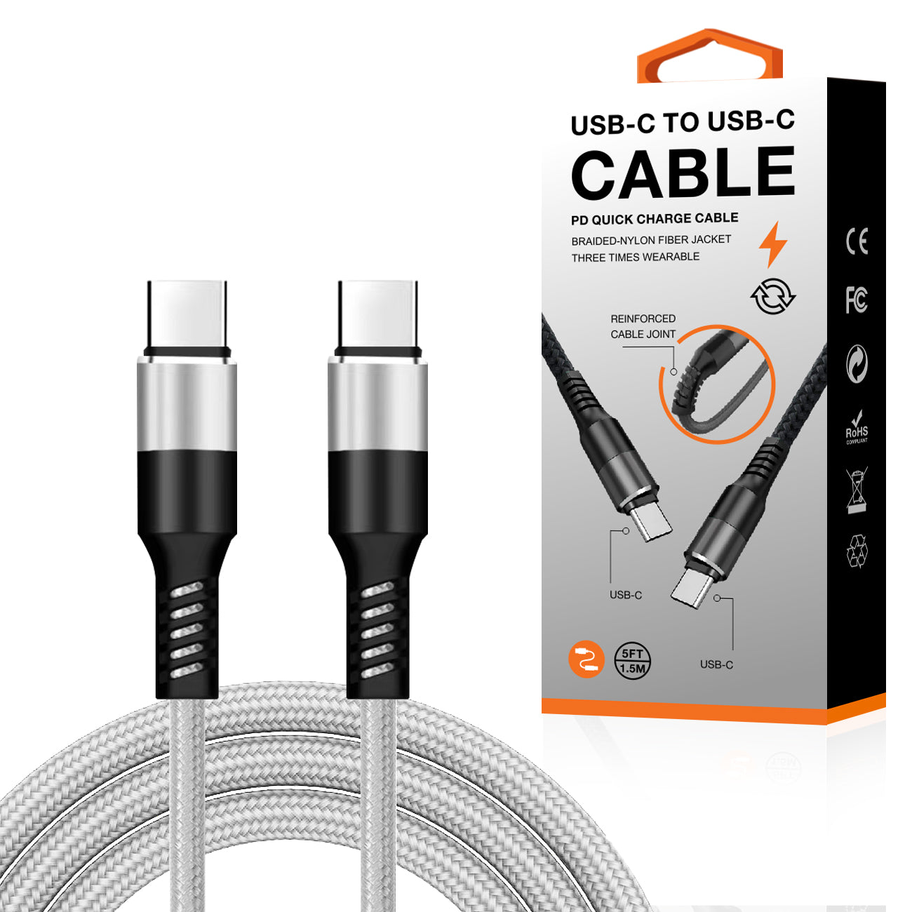 Power Delivery USB-C to C Fast Charging & Sync Nylon- Braided 5FT Cable in Silver - Crystal Clear & Reliable | CELL DEMAND Official