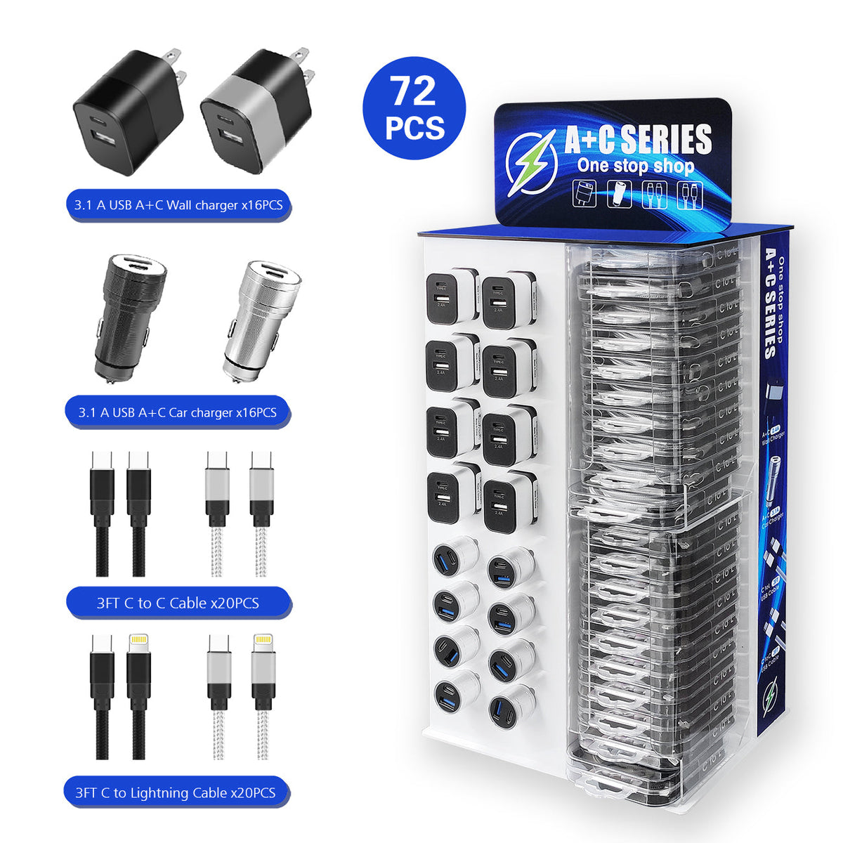 2.4A USB A + C WALL /charger 3.1 A usb a+ c car charger /3 ft c to c cable /3ft c to lightning cable in counter display total 72pcs - Crystal Clear & Reliable | CELL DEMAND Official