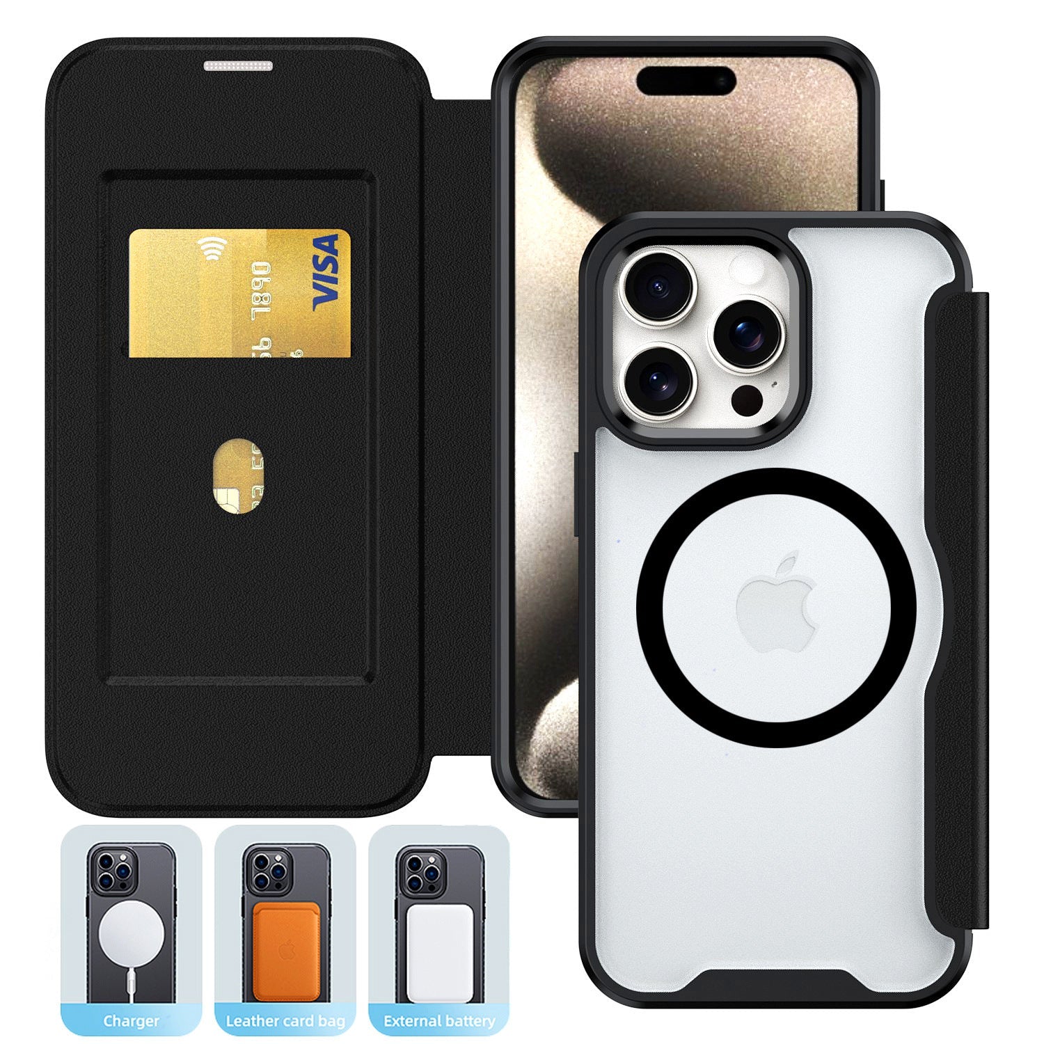 iPhone 16 Pro Compatible PU Leather Magnetic Flap Phone Case with Magsafe In Black For iPhone 16 Pro (FC37-IPH16PROBK) - Heavy Duty Protection by CELL DEMAND