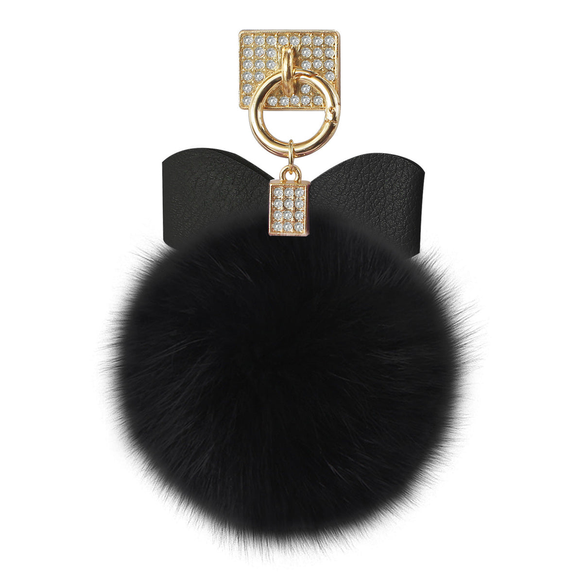 PHONE HOLDER/ FINGER LOOP GRIP WITH RHINESTONE SOFT PUFFY FUR BALL IN BLACK - Crystal Clear & Reliable | CELL DEMAND Official