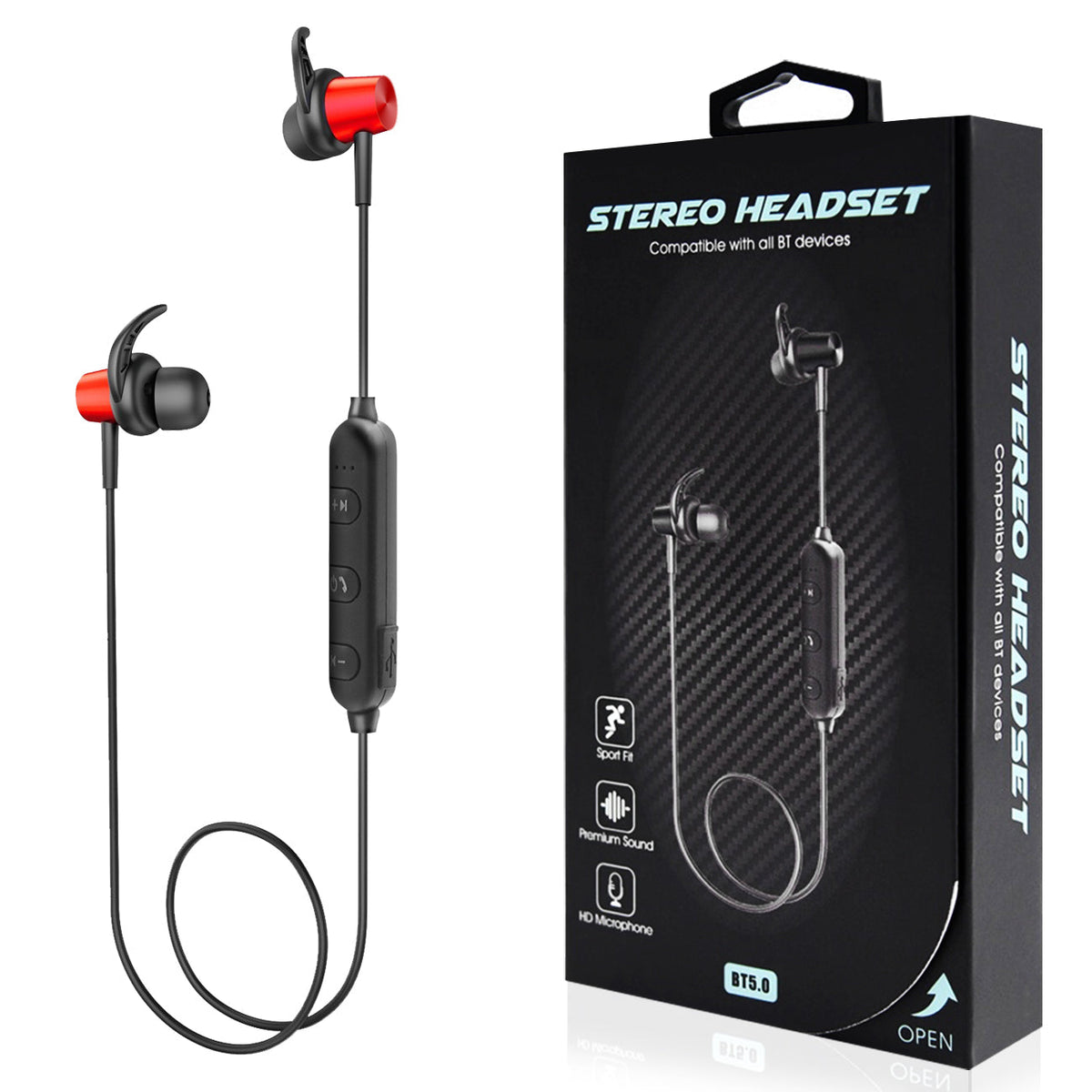 Magnetic Bluetooth Earphone Headset With Mic In Red HSBT01-UNIRD - Heavy Duty & Reliable | CELL DEMAND Official