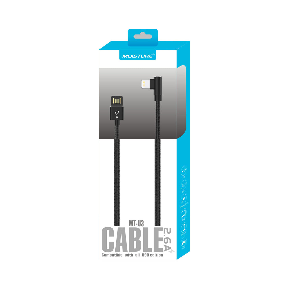 Moisture 2.6A Premium Full Steel USB TO 8PIN Cable In Black - Shockproof & Reliable | CELL DEMAND Official