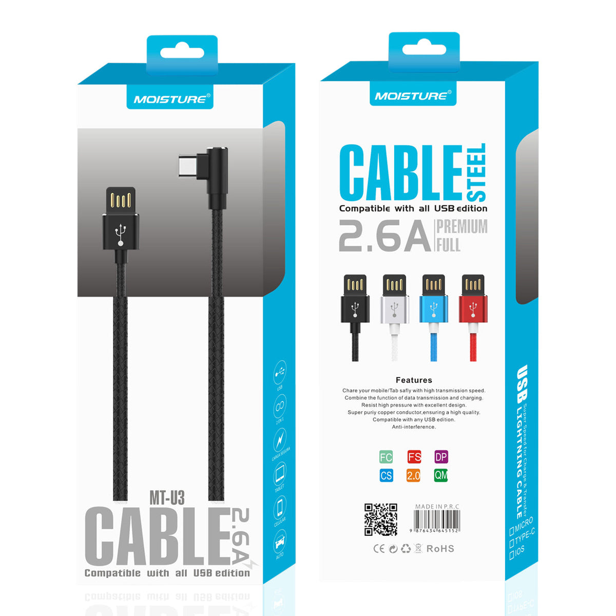 Moisture 2.6A Premium Full Steel USB TO Type C Cable In Black - Shockproof & Reliable | CELL DEMAND Official