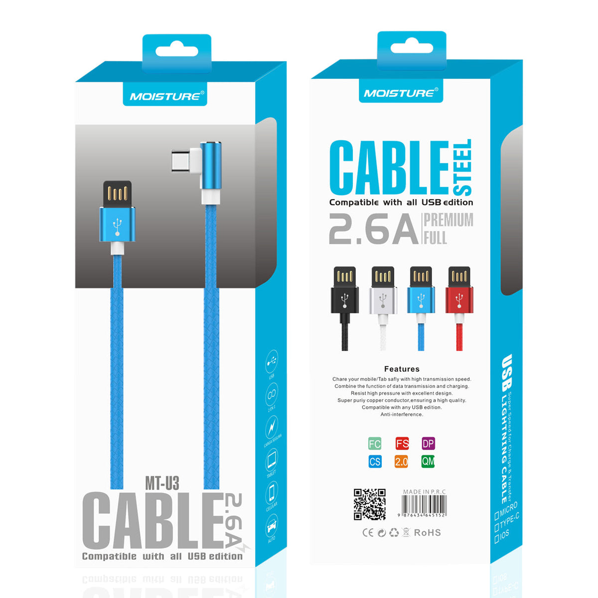 Moisture 2.6A Premium Full Steel USB TO Type C Cable In Blue - Crystal Clear & Reliable | CELL DEMAND Official
