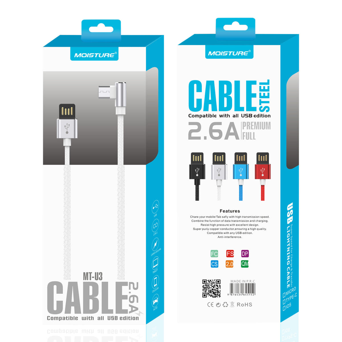 Moisture 2.6A Premium Full Steel USB To Micro Cable In Silver - Premium & Reliable | CELL DEMAND Official