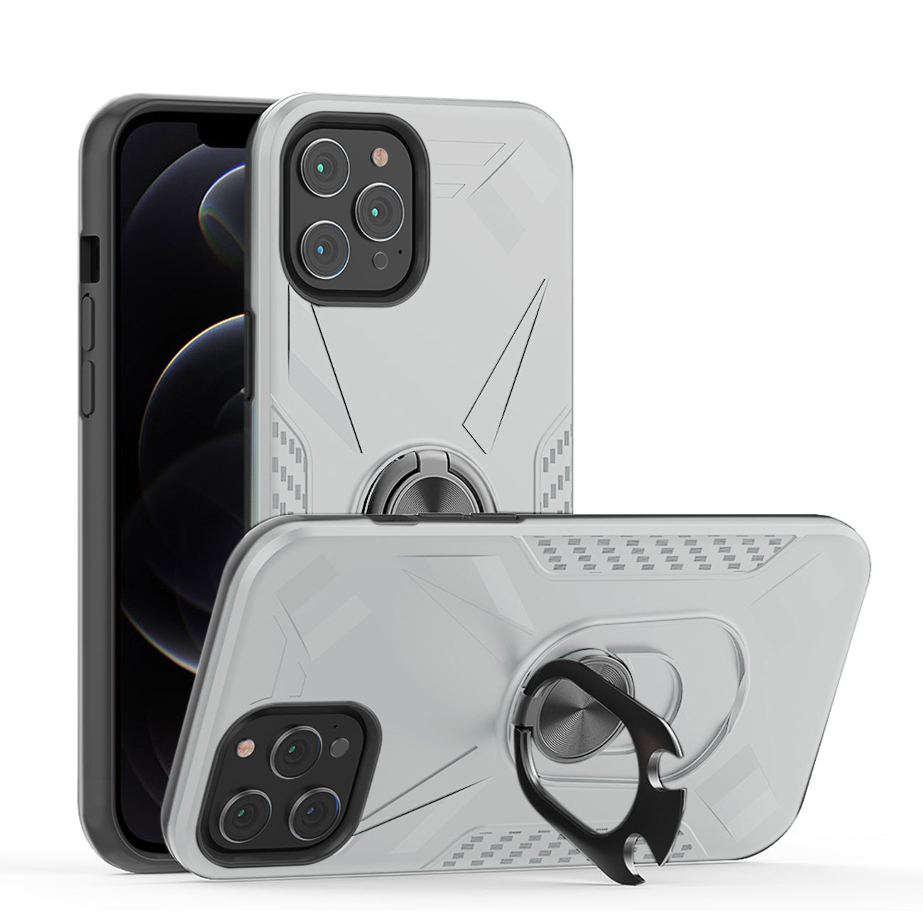 IPHONE 12  Compatible APPLE IPHONE 12 /IPHONE 12 PRO Case with Ring Holder In Silver - Shockproof Protection by CELL DEMAND