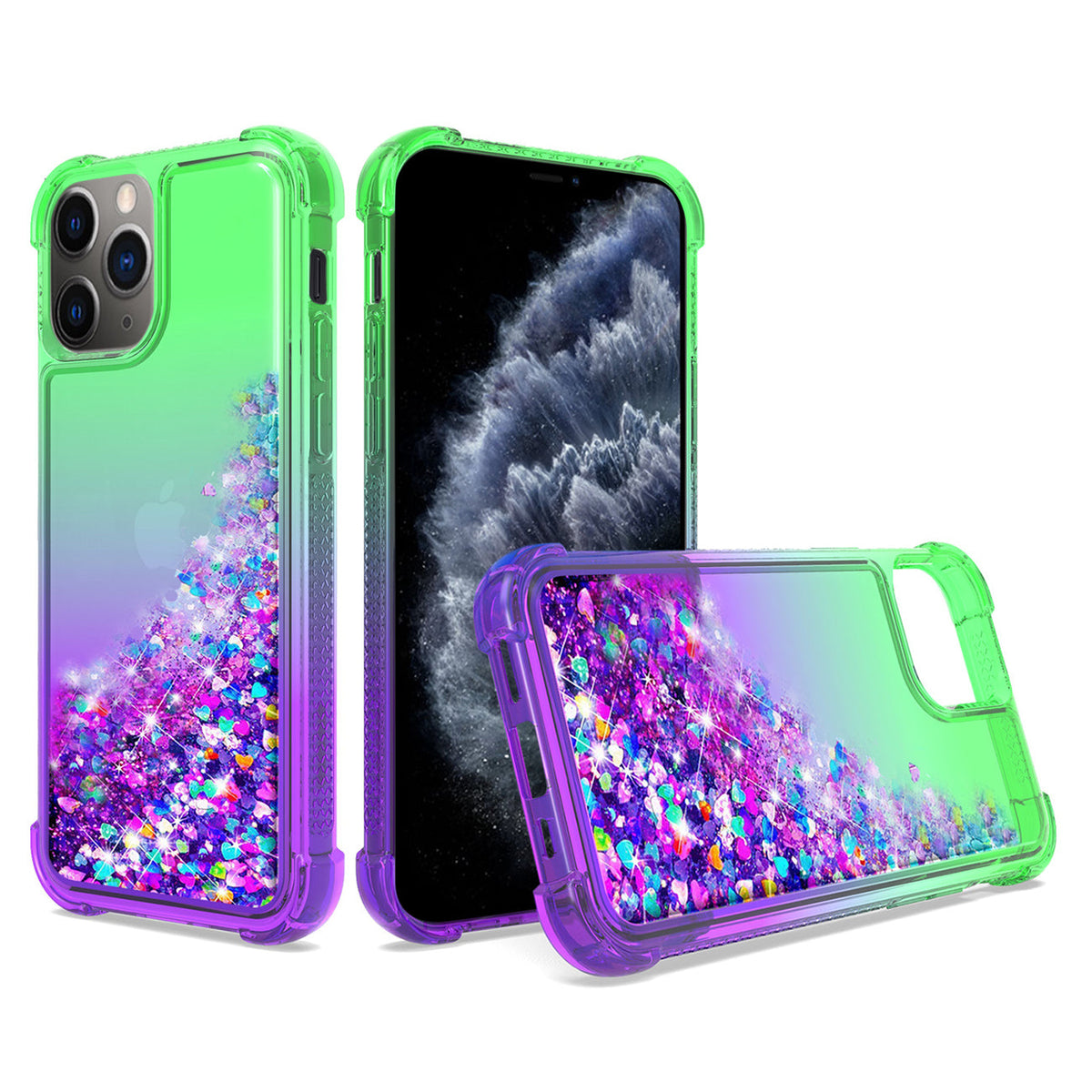 IPHONE 11 PRO Compatible Shiny Flowing Glitter Liquid Bumper Case For APPLE IPHONE 11 PRO MAX In Green - Crystal Clear Protection by CELL DEMAND