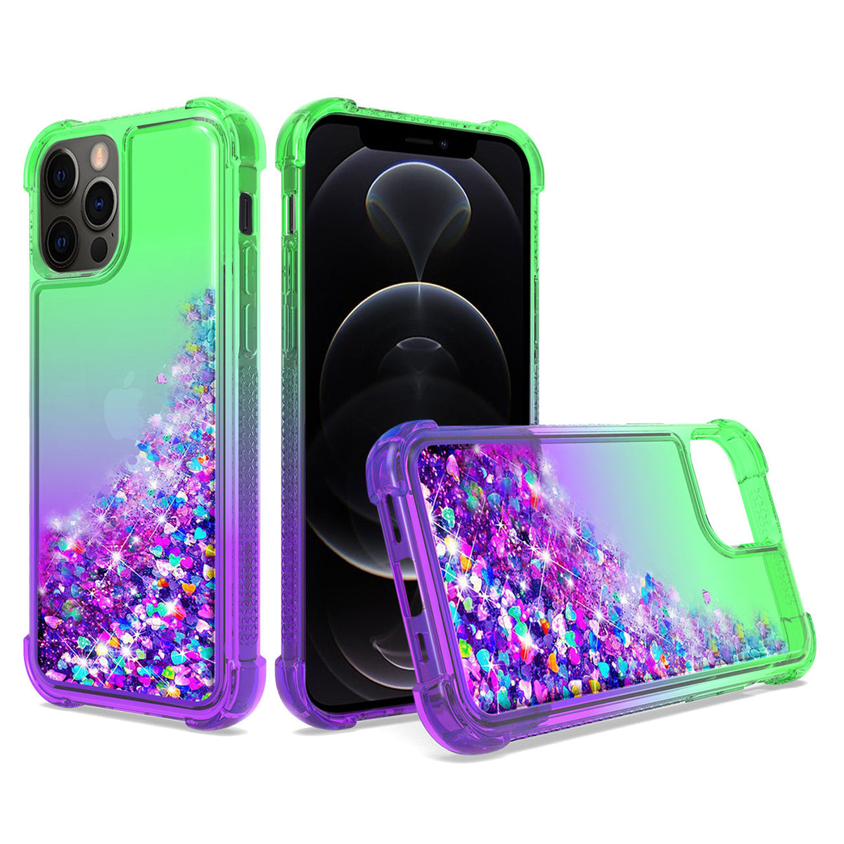 IPHONE 12 PRO Compatible Shiny Flowing Glitter Liquid Bumper Case For APPLE IPHONE 12 PRO MAX In Green - Ultra-Slim Protection by CELL DEMAND
