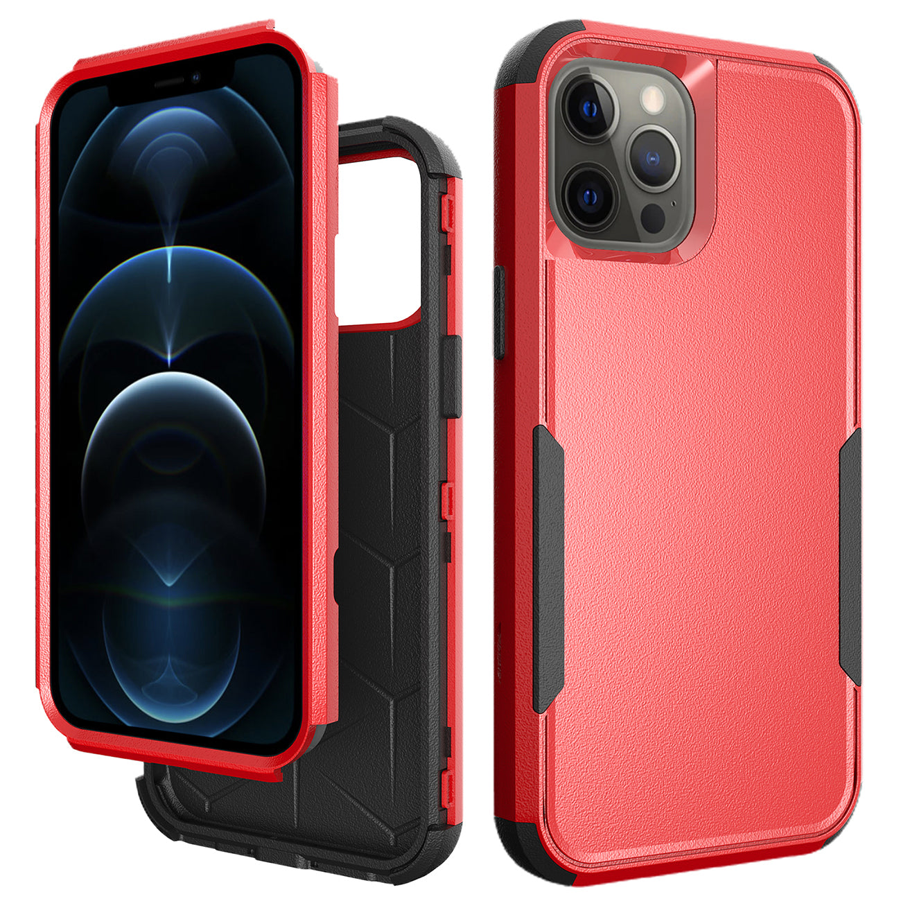 IPHONE 12  Compatible 3in1 Hybrid Heavy Duty Defender Rugged Armor Case For APPLE IPHONE 12 /12 PRO In Red - Crystal Clear Protection by CELL DEMAND