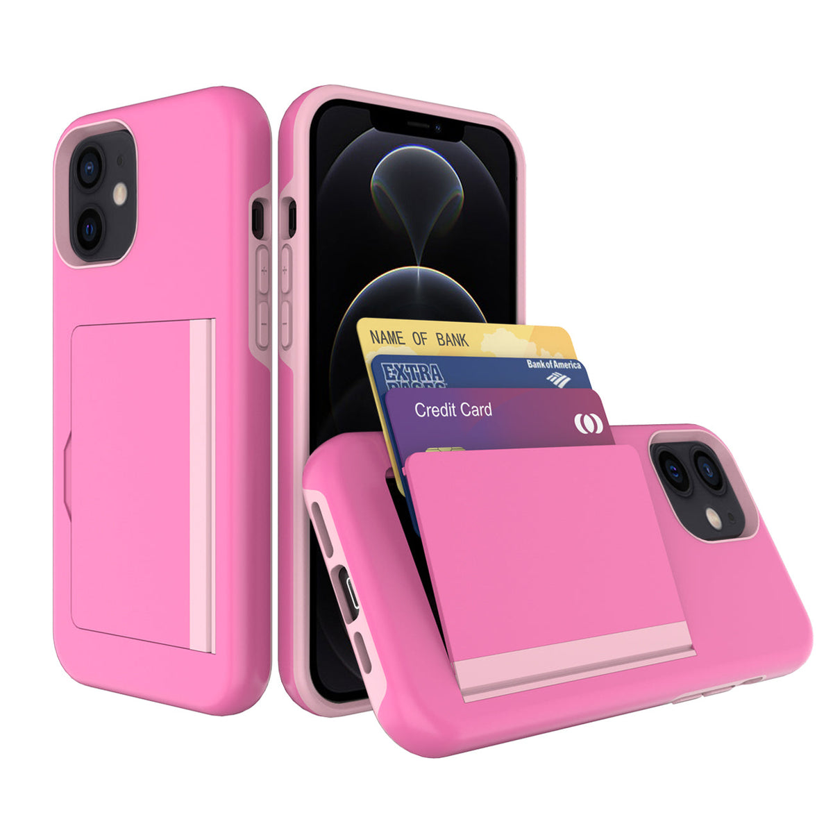 iPhone 12 Mini Compatible TPU PC Hybrid 2-in-1 Flip Card Holder Phone Case for Apple iPhone 12 Mini In Pink - Shockproof Protection by CELL DEMAND
