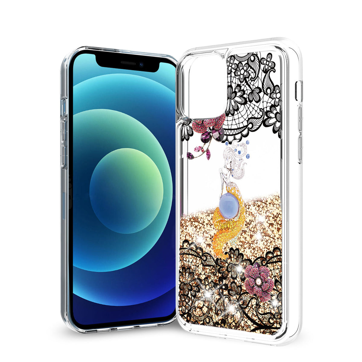 iPhone 12 Mini Glitter Case Moving Quicksand Gold Floral Mermaid - Heavy Duty & Reliable | CELL DEMAND Official