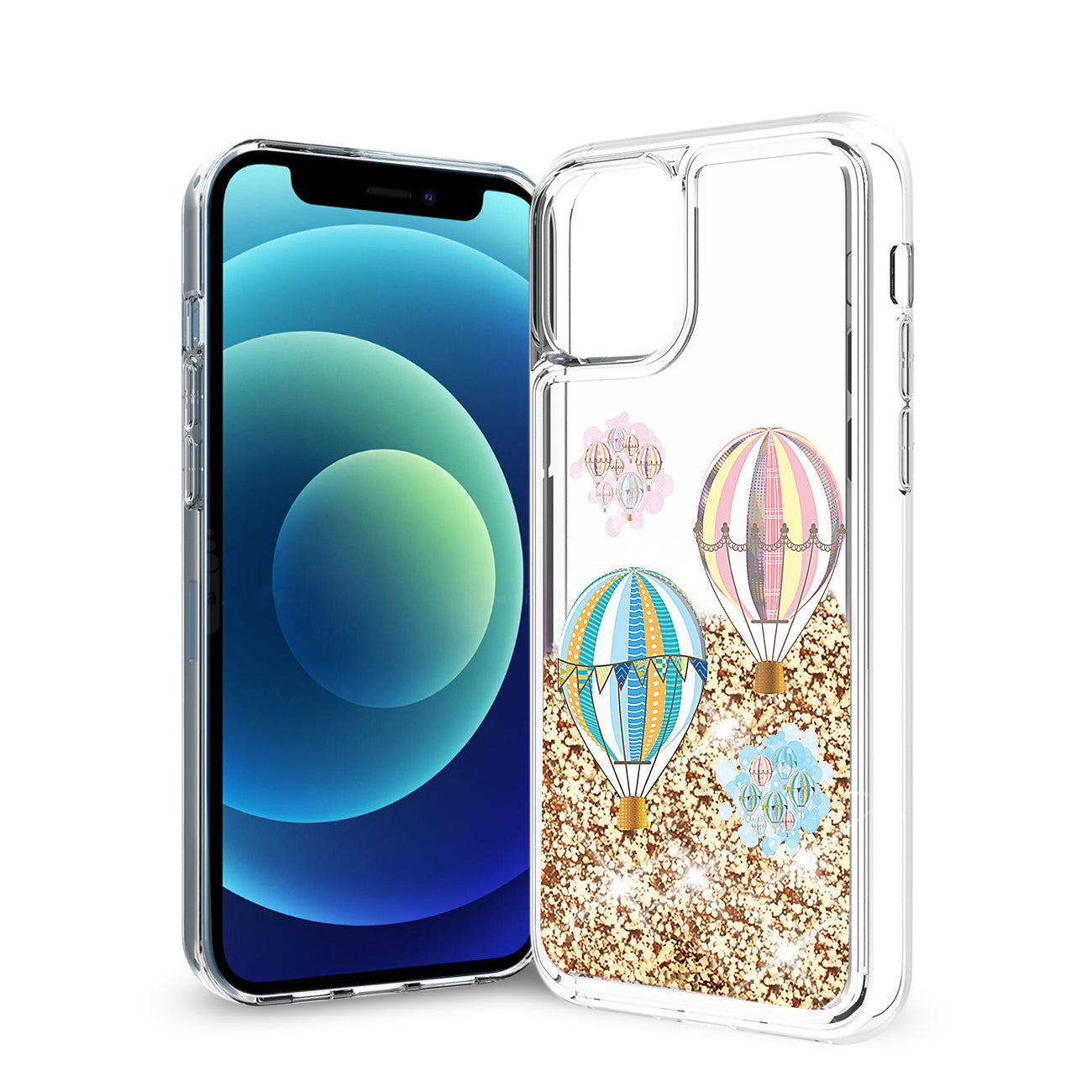 iPhone 12 Mini Glitter Case Moving Quicksand Gold Hot Air Balloons - Premium & Reliable | CELL DEMAND Official