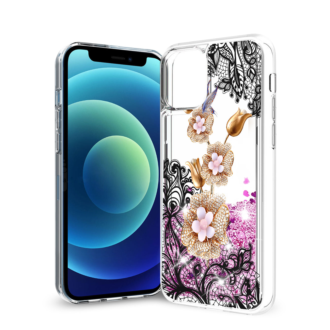 iPhone 12 Mini Glitter Case Moving Quicksand Pink Floral Gold Petals - Durable & Reliable | CELL DEMAND Official