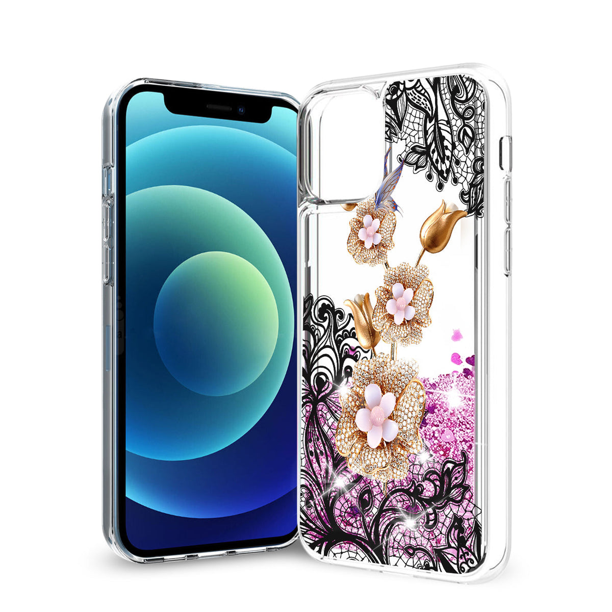 iPhone 12 Mini Glitter Case Moving Quicksand Pink Floral Gold Petals - Durable & Reliable | CELL DEMAND Official