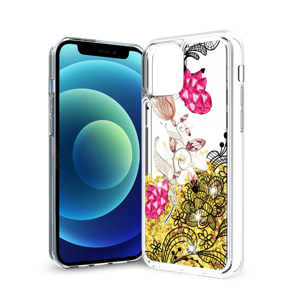 iPhone 12 Mini Glitter Case Moving Quicksand Yellow Floral - Ultra-Slim & Reliable | CELL DEMAND Official