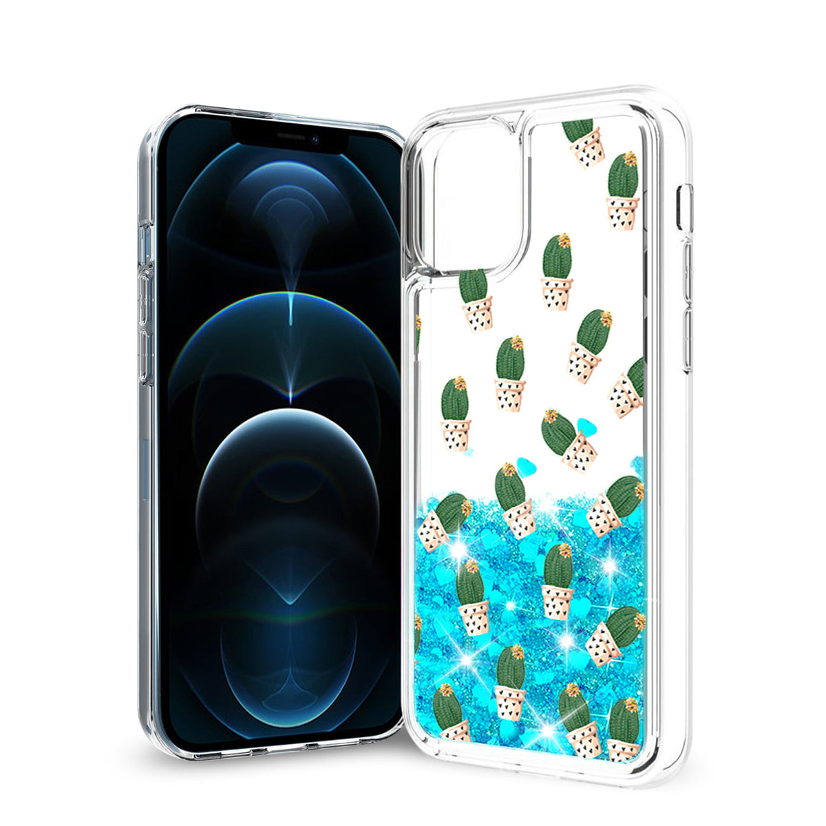 iPhone 12 / 12 Pro  Glitter Case Moving Quicksand Blue Cactus - Shockproof & Reliable | CELL DEMAND Official