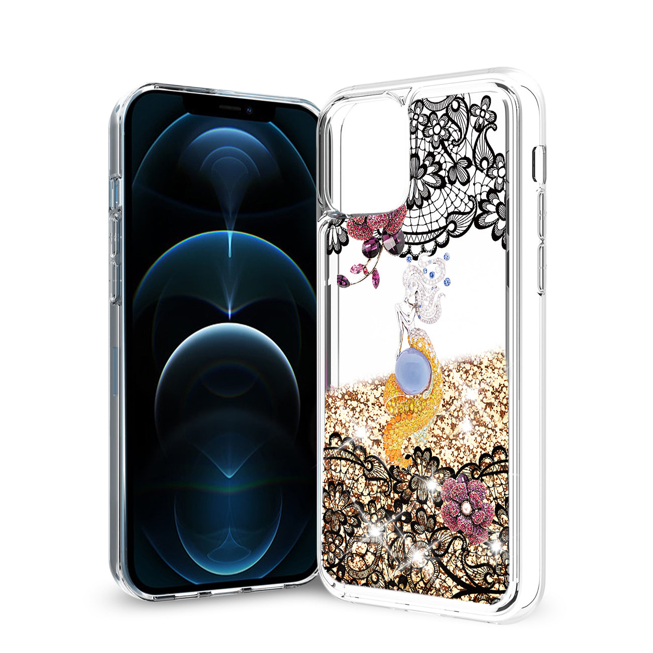 iPhone 12 Pro Max Glitter Case Moving Quicksand Gold Floral Mermaid - Crystal Clear & Reliable | CELL DEMAND Official