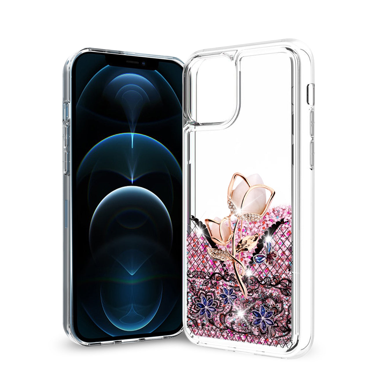 iPhone 12 Pro Max Glitter Case Moving Quicksand Rainbow Floral - Heavy Duty & Reliable | CELL DEMAND Official