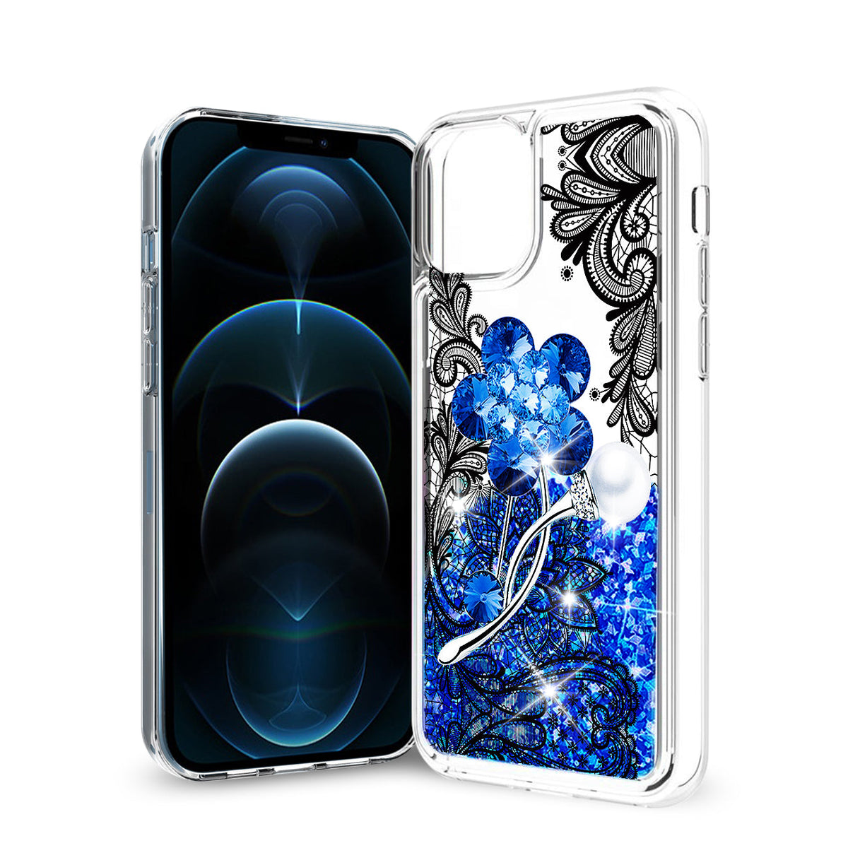 iPhone 12 Pro Max Glitter Case Moving Quicksand Navy Floral - Shockproof & Reliable | CELL DEMAND Official