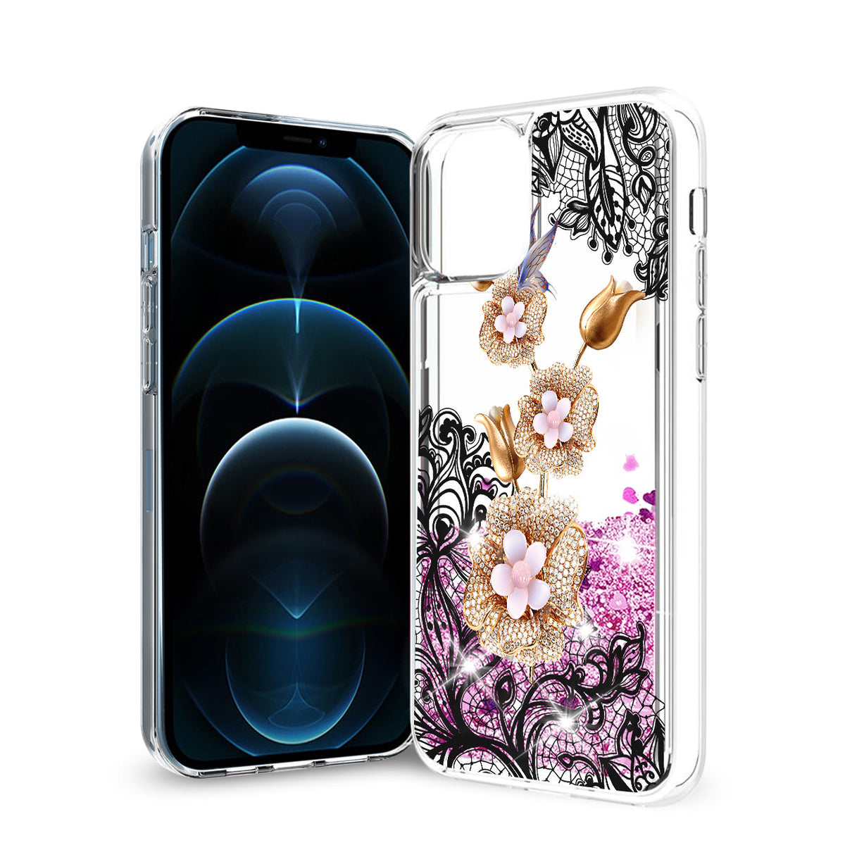 iPhone 12 / 12 Pro Glitter Case Moving Quicksand Pink Floral Gold Petals - Durable & Reliable | CELL DEMAND Official