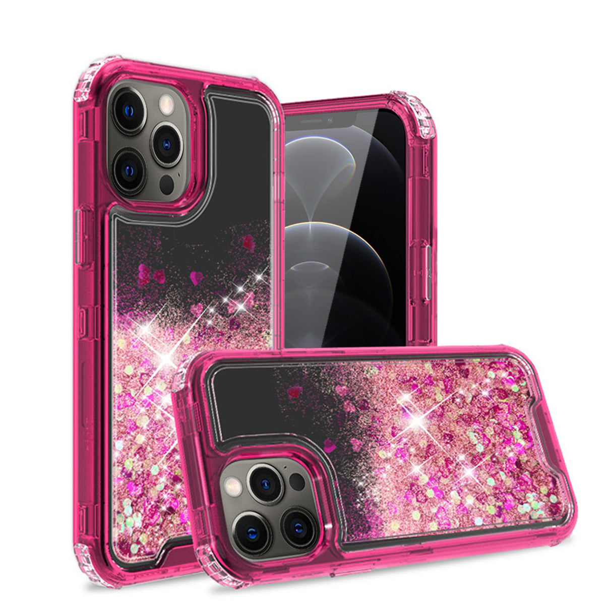 IPHONE 12 Compatible Glitter Case Moving Quicksand In BlackAPPLE IPHONE 12/IPHONE 12 PRO In Hot Pink - Crystal Clear Protection by CELL DEMAND