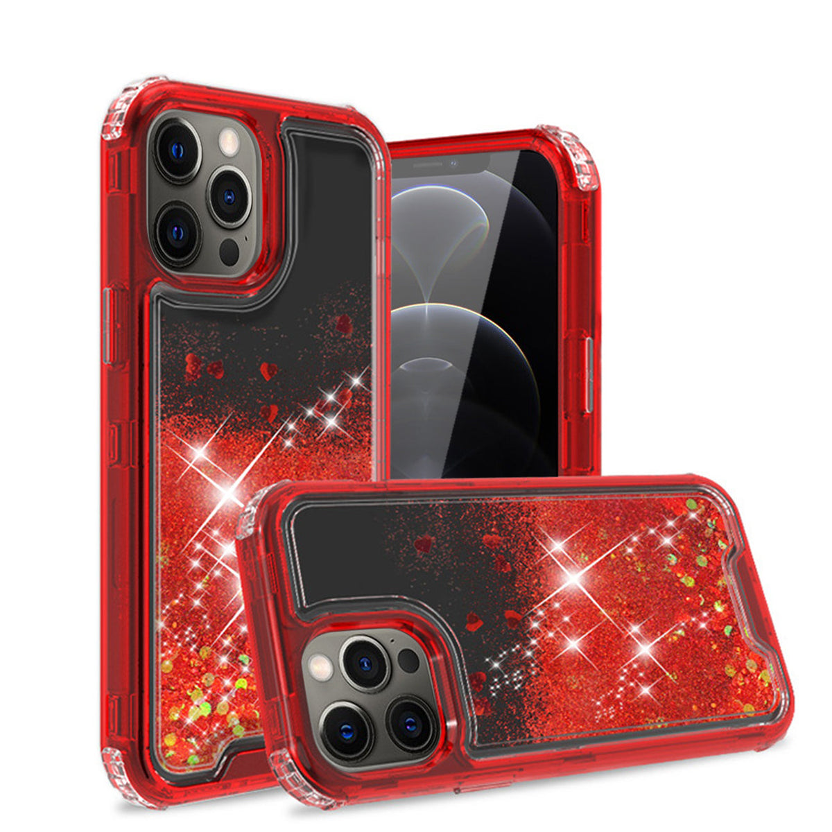 IPHONE 12 Compatible Glitter Case Moving Quicksand In BlackAPPLE IPHONE 12/IPHONE 12 PRO In Red - Crystal Clear Protection by CELL DEMAND