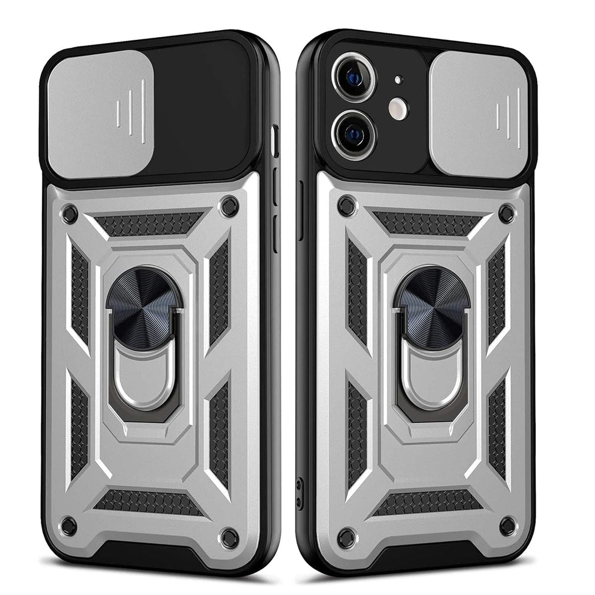 IPHONE 12 Compatible Kickstand Ring Holder with Slide Camera Cover TPU Shockproof Case and Magnetic Car Mount for APPLE IPHONE 12/IPHONE 12 PRO In Silver - Heavy Duty Protection by CELL DEMAND