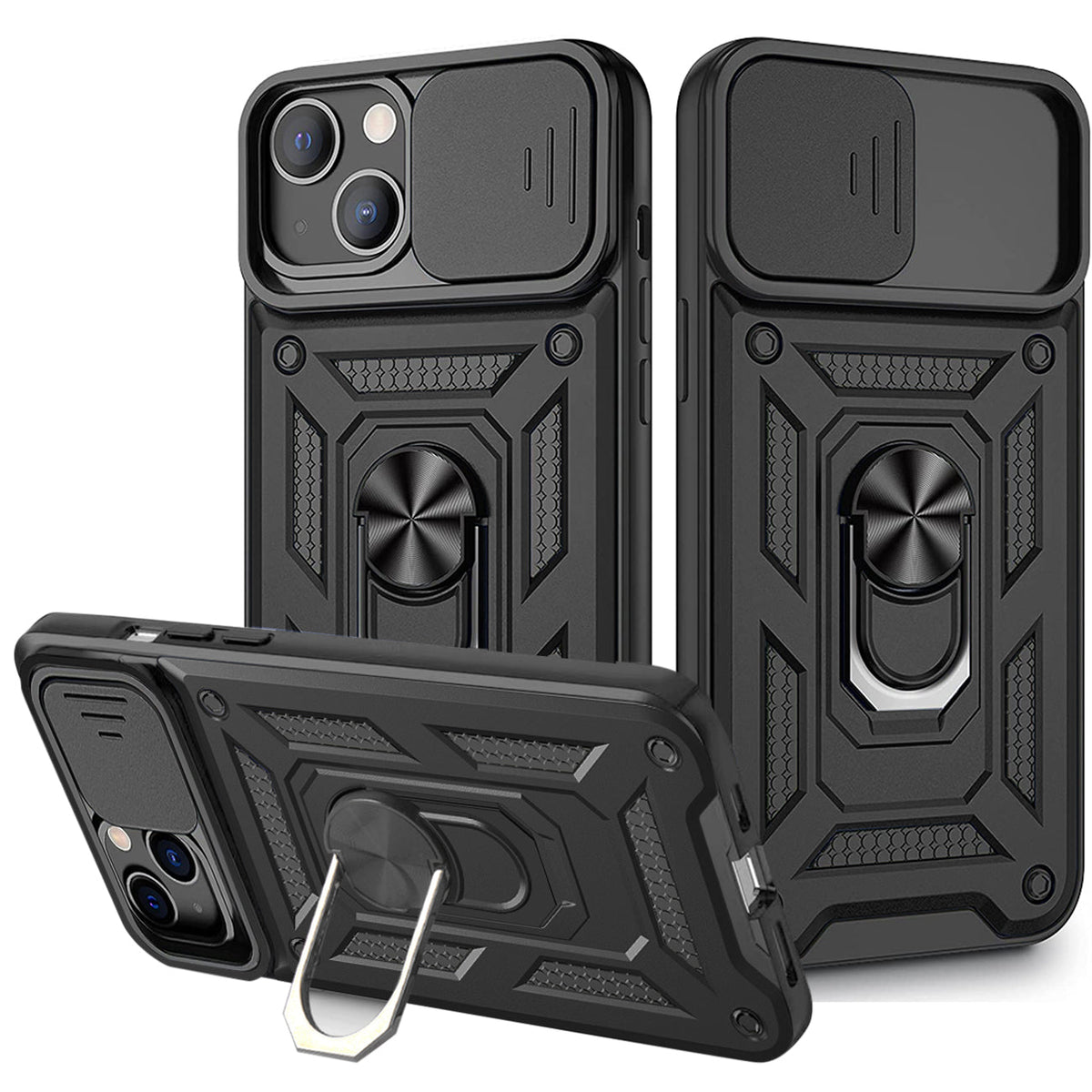 IPHONE 13  Compatible Kickstand Ring Holder with Slide Camera Cover TPU Magnetic Car Mount for APPLE IPHONE 13 In Black - Premium Protection by CELL DEMAND