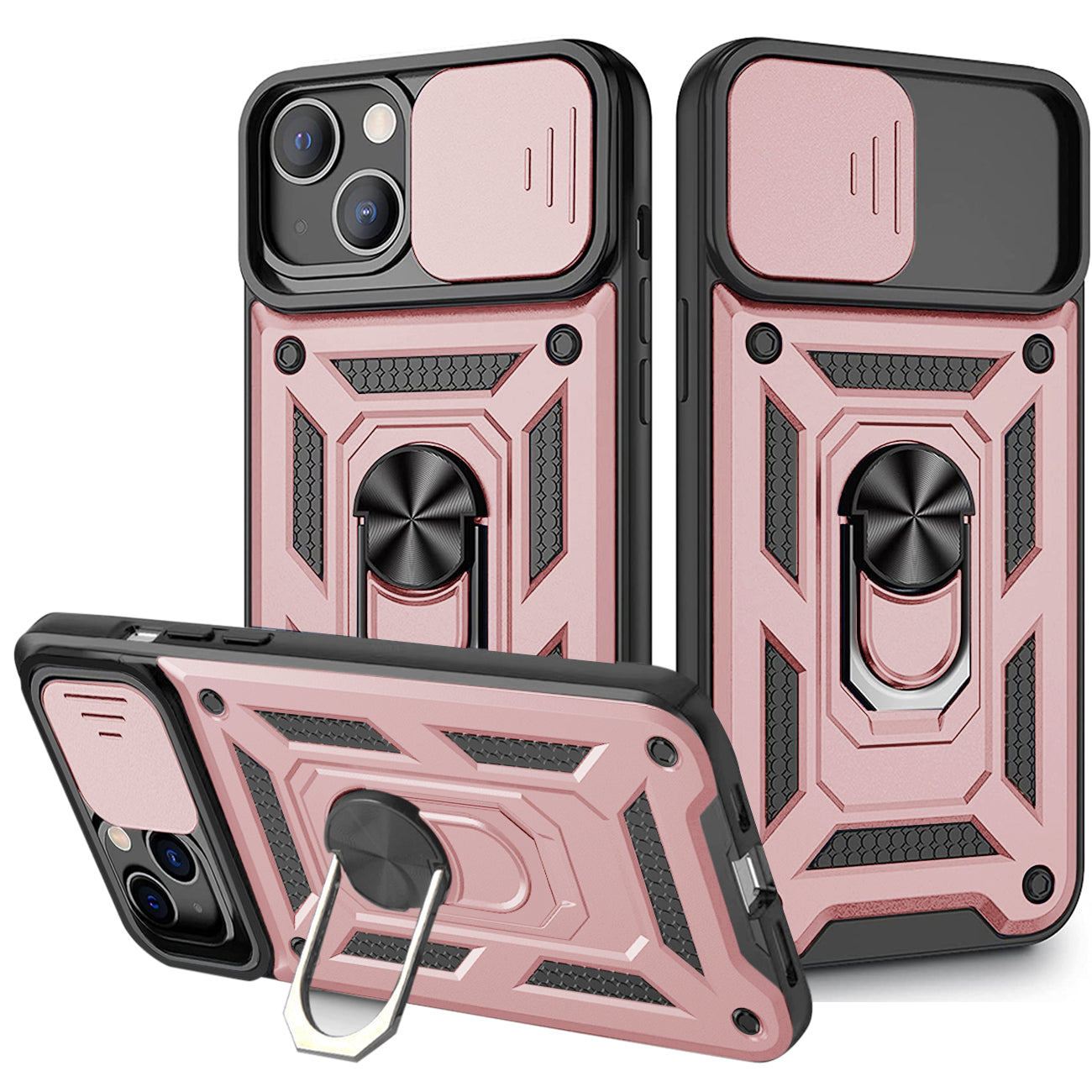 IPHONE 13 MINI Compatible Kickstand Ring Holder & Slide Camera Cover Magnetic Car Mount for APPLE IPHONE 13 MINI In Rose gold - Crystal Clear Protection by CELL DEMAND