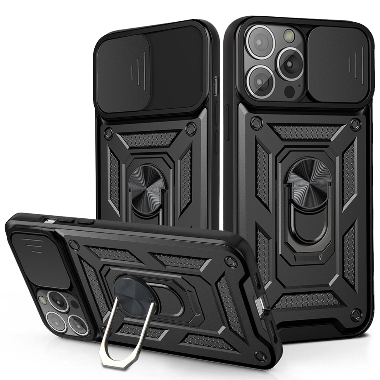 IPHONE 13 PRO Compatible Kickstand Ring Holder & Slide Camera Cover Magnetic Car Mount for APPLE IPHONE 13 PRO In Black - Heavy Duty Protection by CELL DEMAND