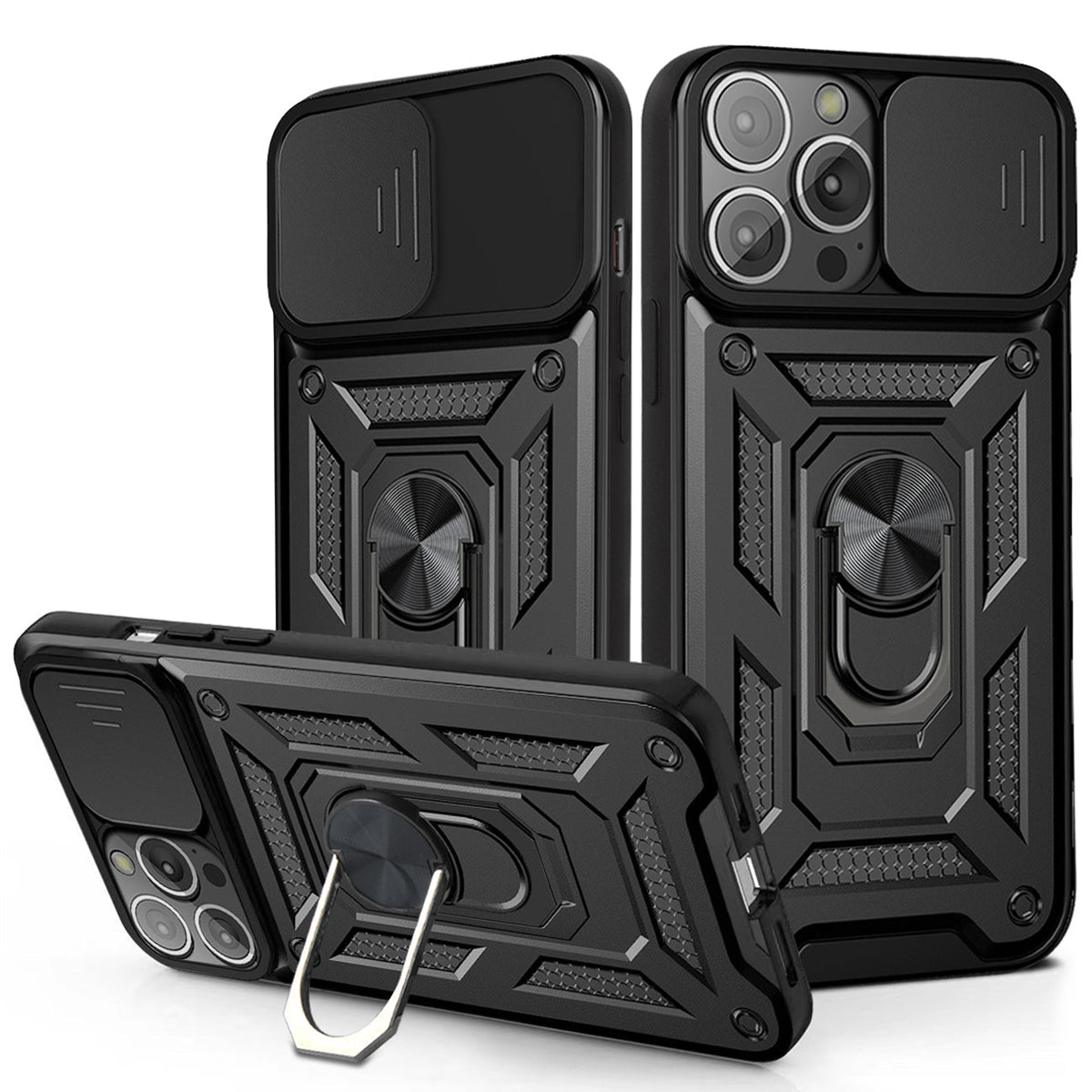 IPHONE 13 PRO Compatible Kickstand Ring Holder & Slide Camera Cover Magnetic Car Mount for APPLE IPHONE 13 PRO In Black - Heavy Duty Protection by CELL DEMAND