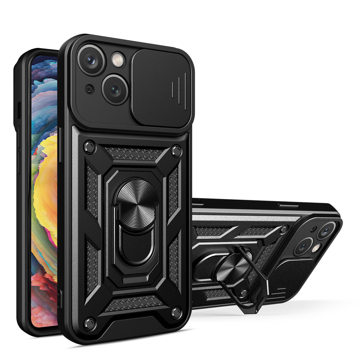 IPHONE 14 PLUS Compatible Kickstand Ring Holder with Slide Camera Cover TPU Magnetic Car Mount for APPLE IPHONE 14 PLUS In Black - Heavy Duty Protection by CELL DEMAND