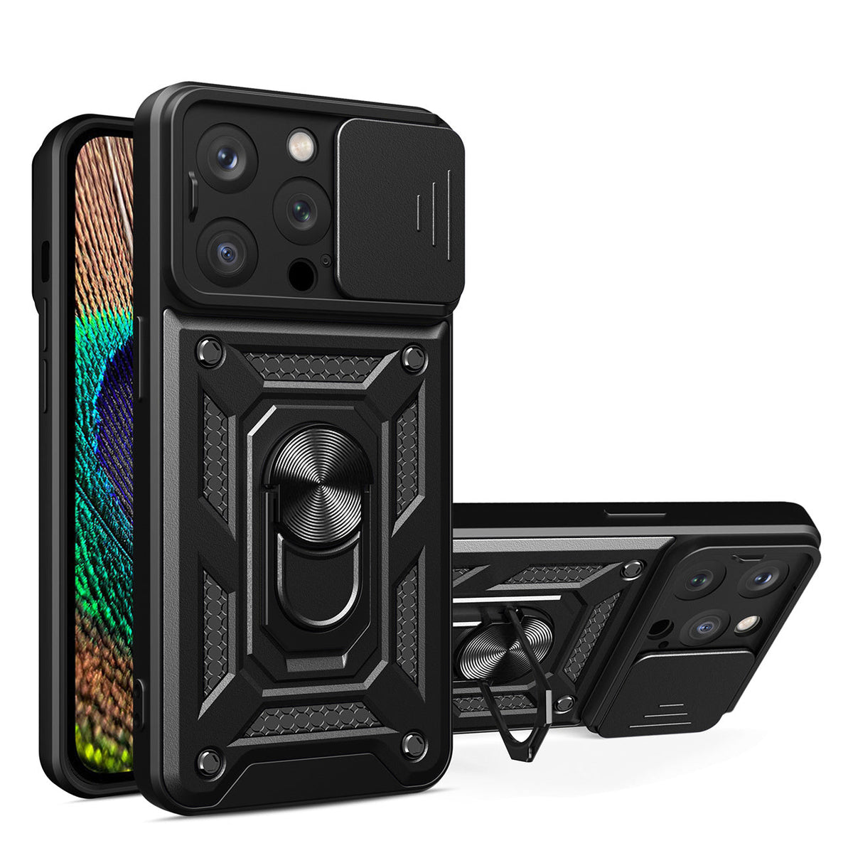 IPHONE 14 PRO Compatible Kickstand Ring Holder with Slide Camera Cover TPU Magnetic Car Mount for APPLE IPHONE 14 PRO In Black - Premium Protection by CELL DEMAND